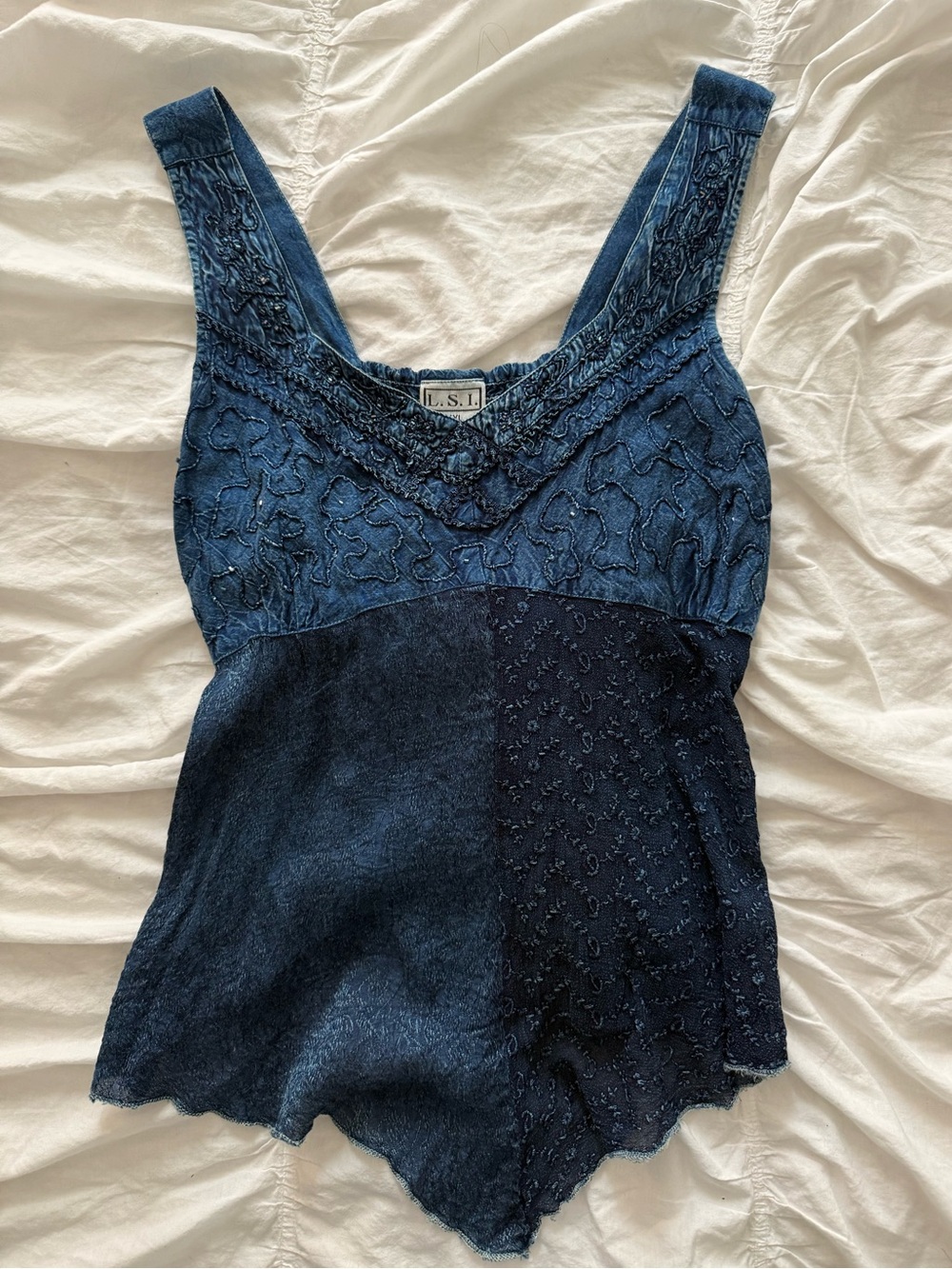Vintage Navy Denim Color Blue Embroidered Women’s Tank Top